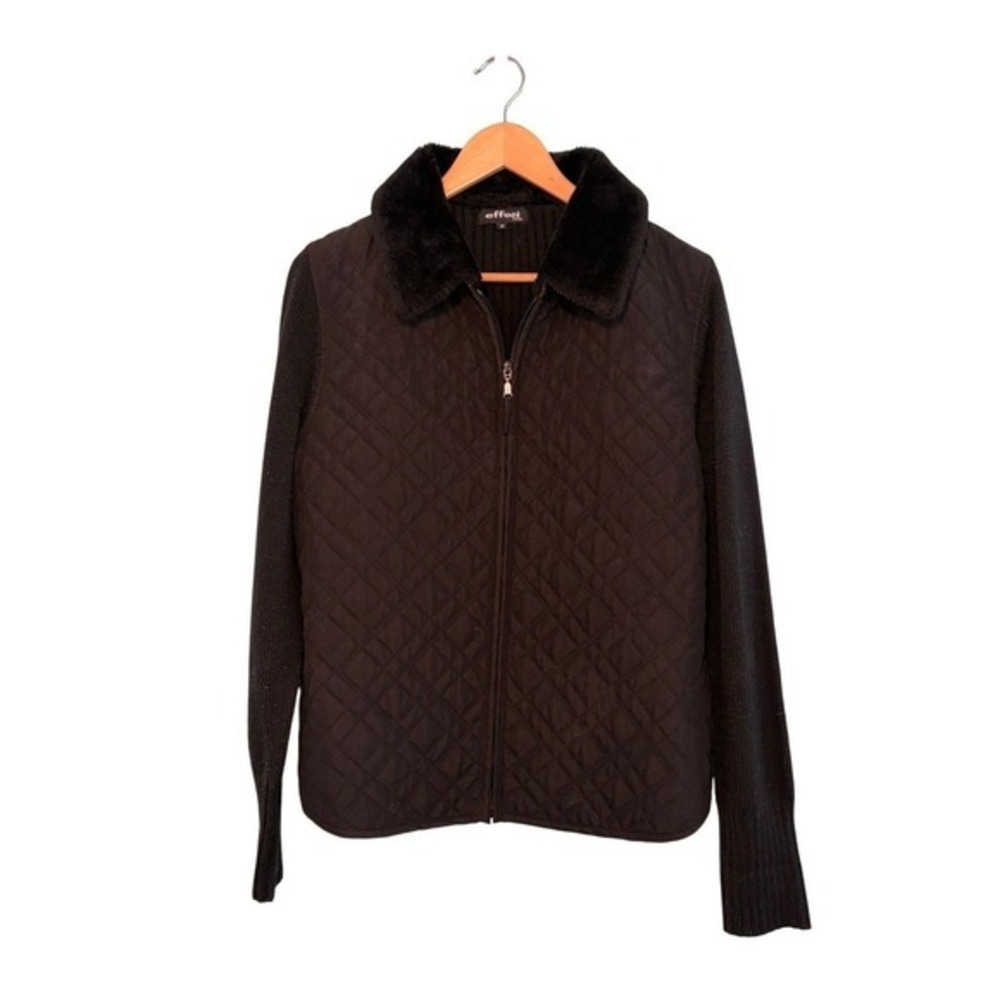 Effeci‎ Creazioni Faux Fur Collar Quilted Barn Jacket Sweater Sleeves Black 1X